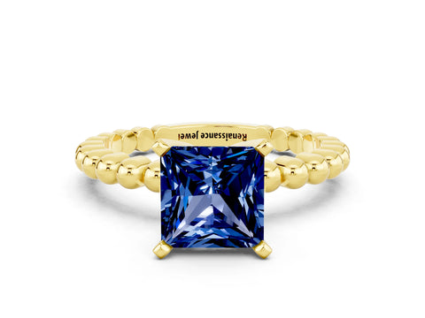 Yellow gold Princess Cut Blue Sapphire Solitaire Ring with Beaded Band and Prong Setting