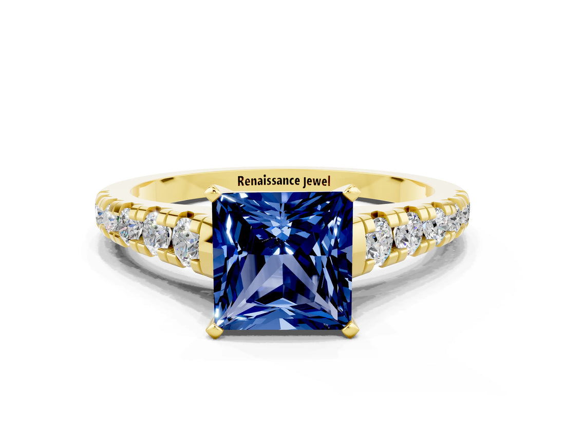 Yellow gold Princess Cut Blue Sapphire Solitaire Ring with Cathedral Setting and Pavé Band