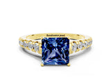 Yellow gold Princess Cut Blue Sapphire Solitaire Ring with Cathedral Setting and Pavé Band
