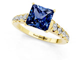 Yellow gold Princess Cut Blue Sapphire Solitaire Ring with Cathedral Setting and Pavé Band_1