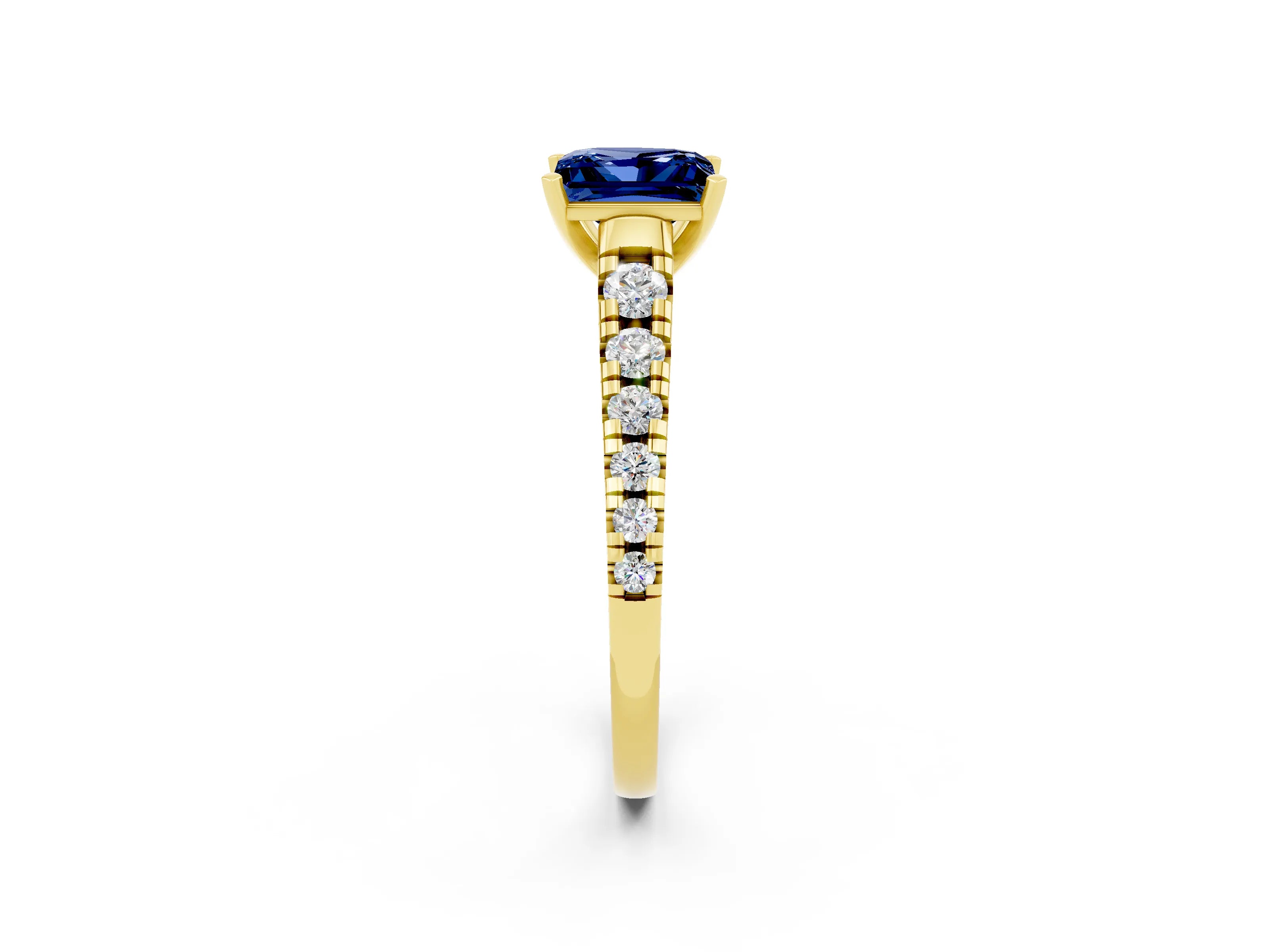 Yellow gold Princess Cut Blue Sapphire Solitaire Ring with Cathedral Setting and Pavé Band_2
