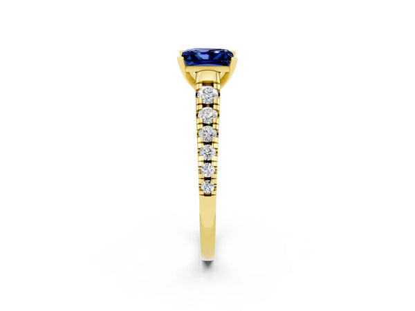 Yellow gold Princess Cut Blue Sapphire Cathedral Solitaire Ring with Round  Pavé Band