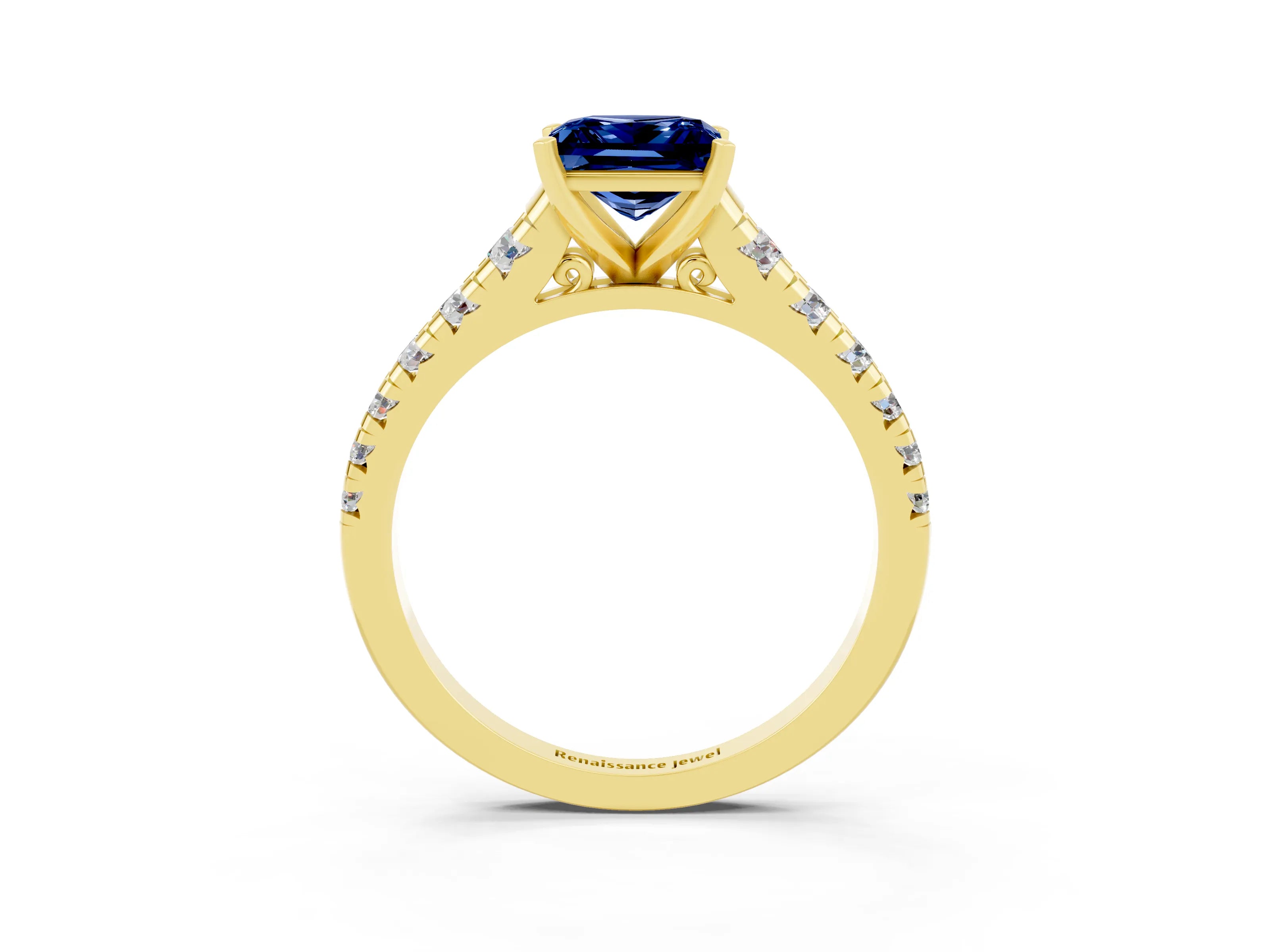 Yellow gold Princess Cut Blue Sapphire Solitaire Ring with Cathedral Setting and Pavé Band_3