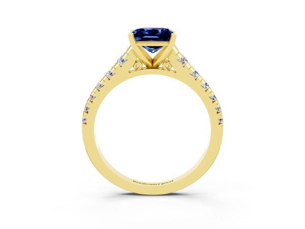 Yellow gold Princess Cut Blue Sapphire Cathedral Solitaire Ring with Round  Pavé Band