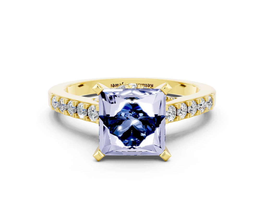 Yellow gold Princess Cut Blue Sapphire Solitaire Ring with Crossover Gallery and Round  Pavé Band_12