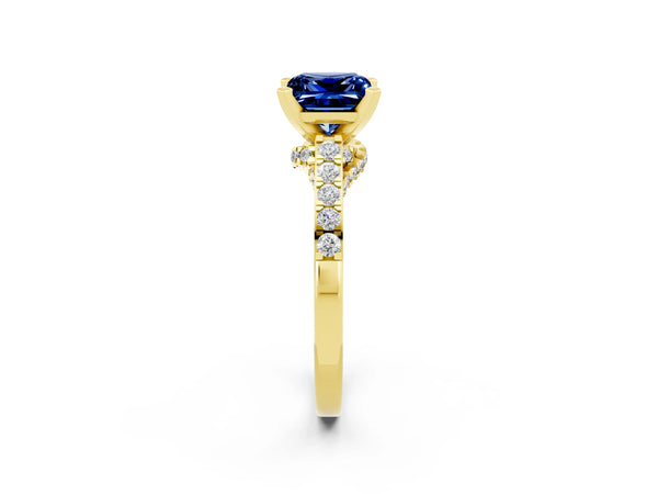 Yellow gold Princess Cut Blue Sapphire Solitaire Ring with Crossover Gallery and Round  Pavé Band