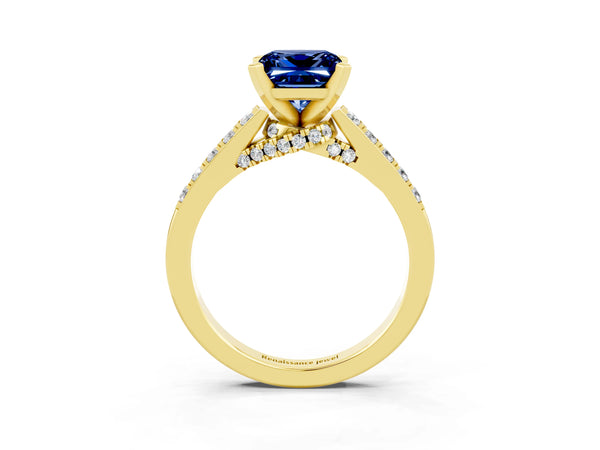 Yellow gold Princess Cut Blue Sapphire Solitaire Ring with Crossover Gallery and Round  Pavé Band