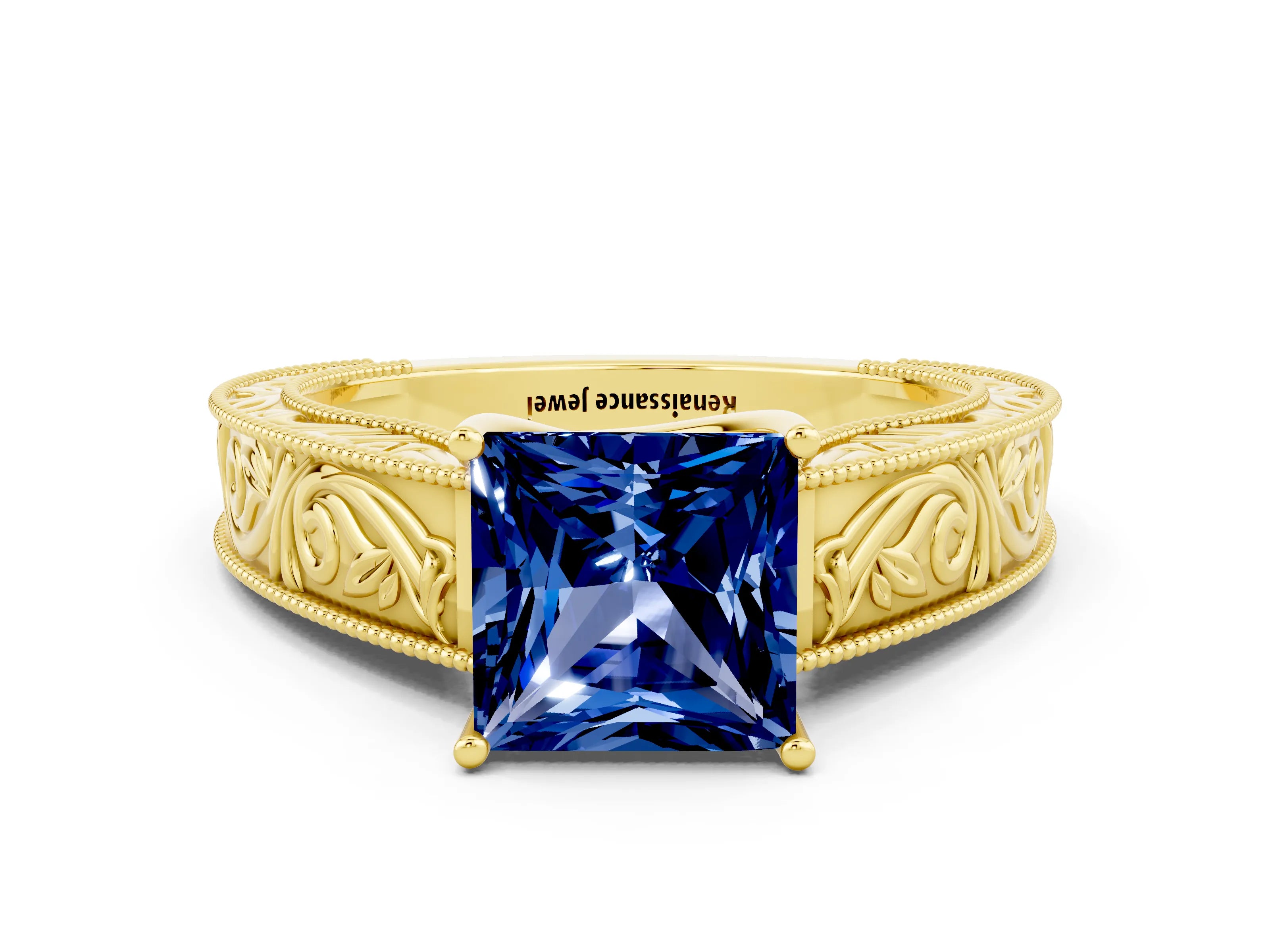 Yellow gold Princess Cut Blue Sapphire Solitaire Ring with Engraved Band and Four-Prong Setting