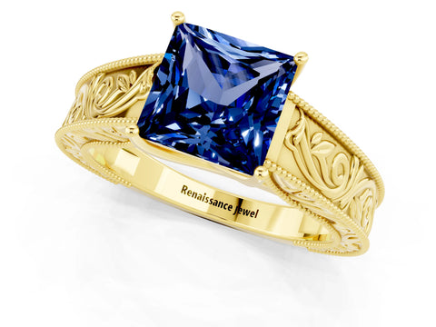 Yellow gold Princess Cut Blue Sapphire Solitaire Ring with Engraved Band and Four-Prong Setting_1