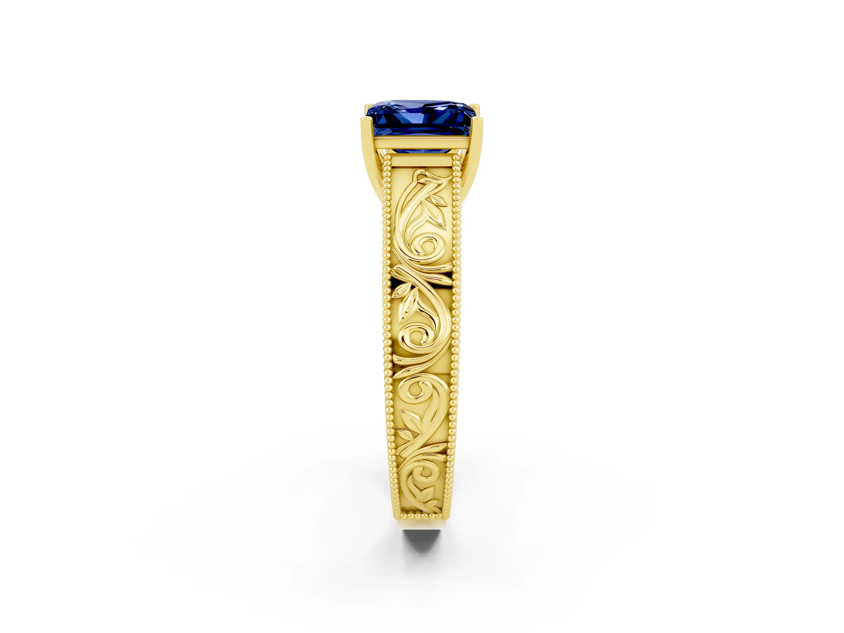 Yellow gold Princess Cut Blue Sapphire Solitaire Ring with Engraved Band and Four-Prong Setting_2