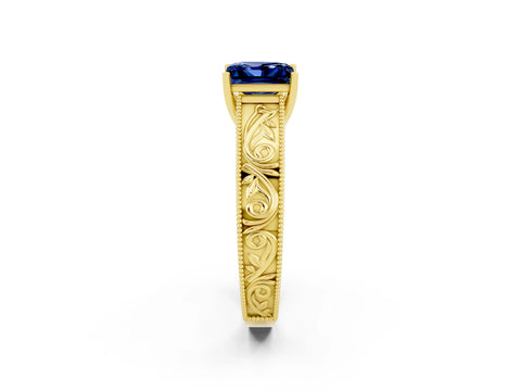 Yellow gold Princess Cut Blue Sapphire Solitaire Ring with Engraved Band and Four-Prong Setting_2