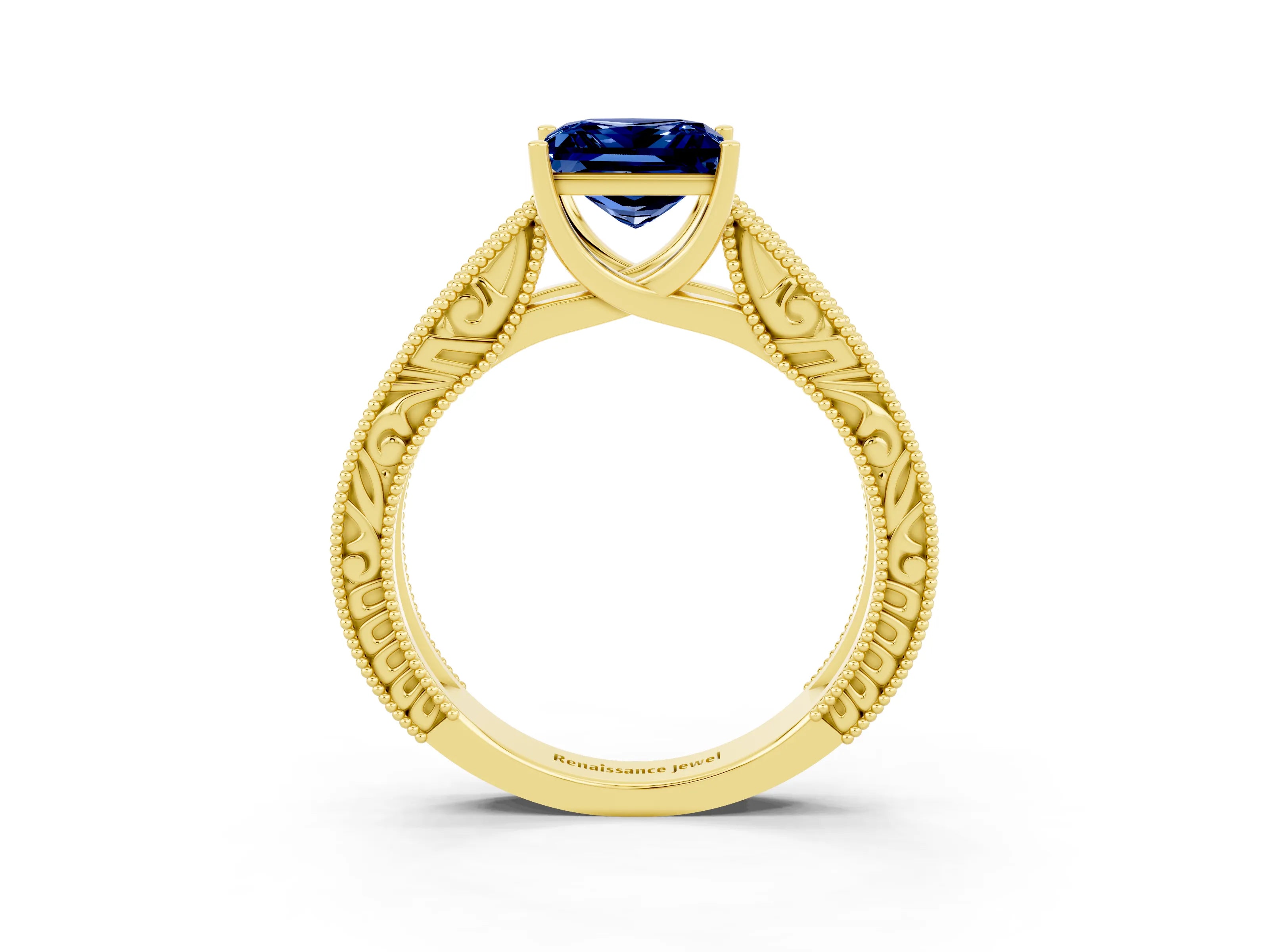 Yellow gold Princess Cut Blue Sapphire Solitaire Ring with Engraved Band and Four-Prong Setting_3
