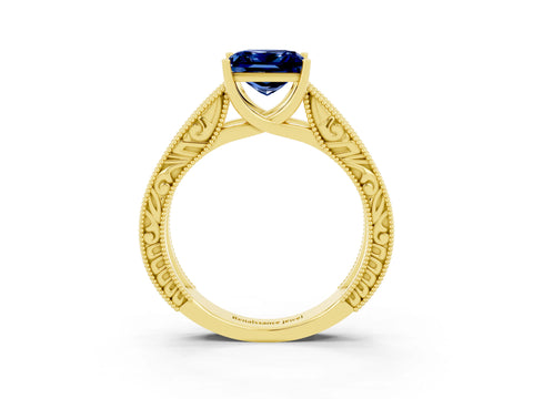 Yellow gold Princess Cut Blue Sapphire Solitaire Ring with Engraved Band and Four-Prong Setting_3