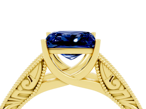 Yellow gold Princess Cut Blue Sapphire Solitaire Ring with Engraved Band and Four-Prong Setting_4