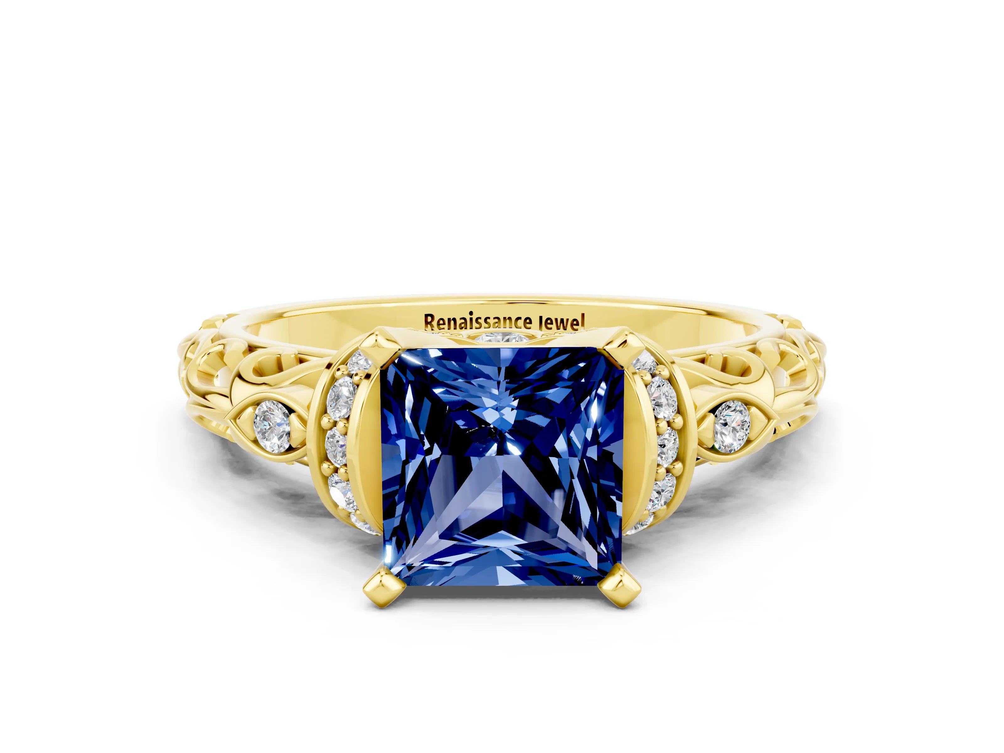 Yellow gold Princess Cut Blue Sapphire Solitaire Ring with Filigree Band and Four-Prong Setting_24