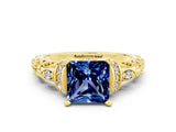 Yellow gold Princess Cut Blue Sapphire Solitaire Ring with Filigree Band and Four-Prong Setting_24
