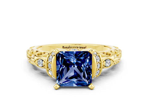 Yellow gold Princess Cut Blue Sapphire Solitaire Ring with Filigree Band and Four-Prong Setting_24