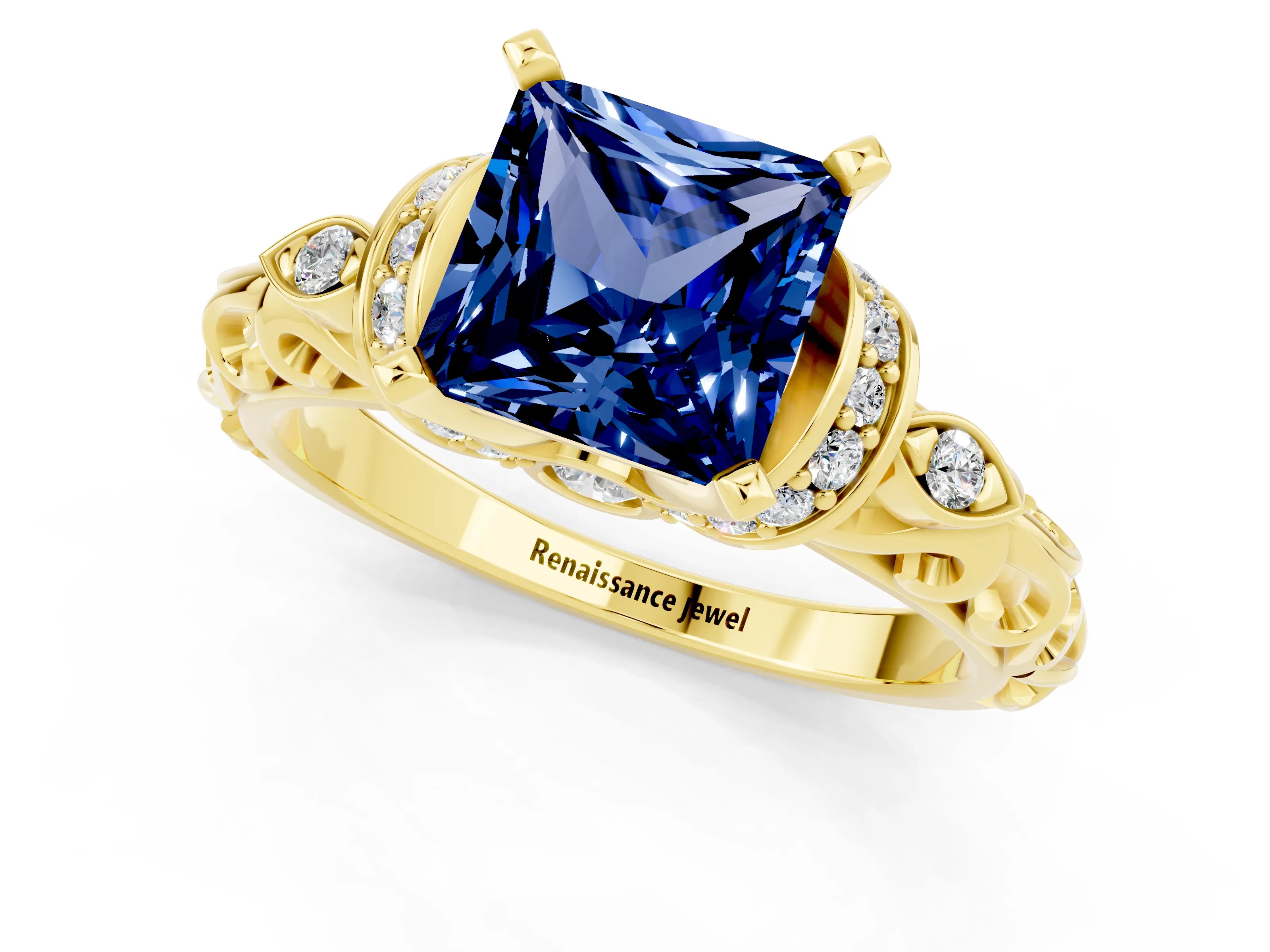 Yellow gold Princess Cut Blue Sapphire Solitaire Ring with Filigree Band and Four-Prong Setting_25