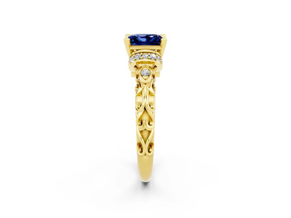 Yellow gold Princess Cut Blue Sapphire Solitaire Ring with Filigree Band and Four-Prong Setting