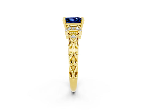 Yellow gold Princess Cut Blue Sapphire Solitaire Ring with Filigree Band and Four-Prong Setting_26