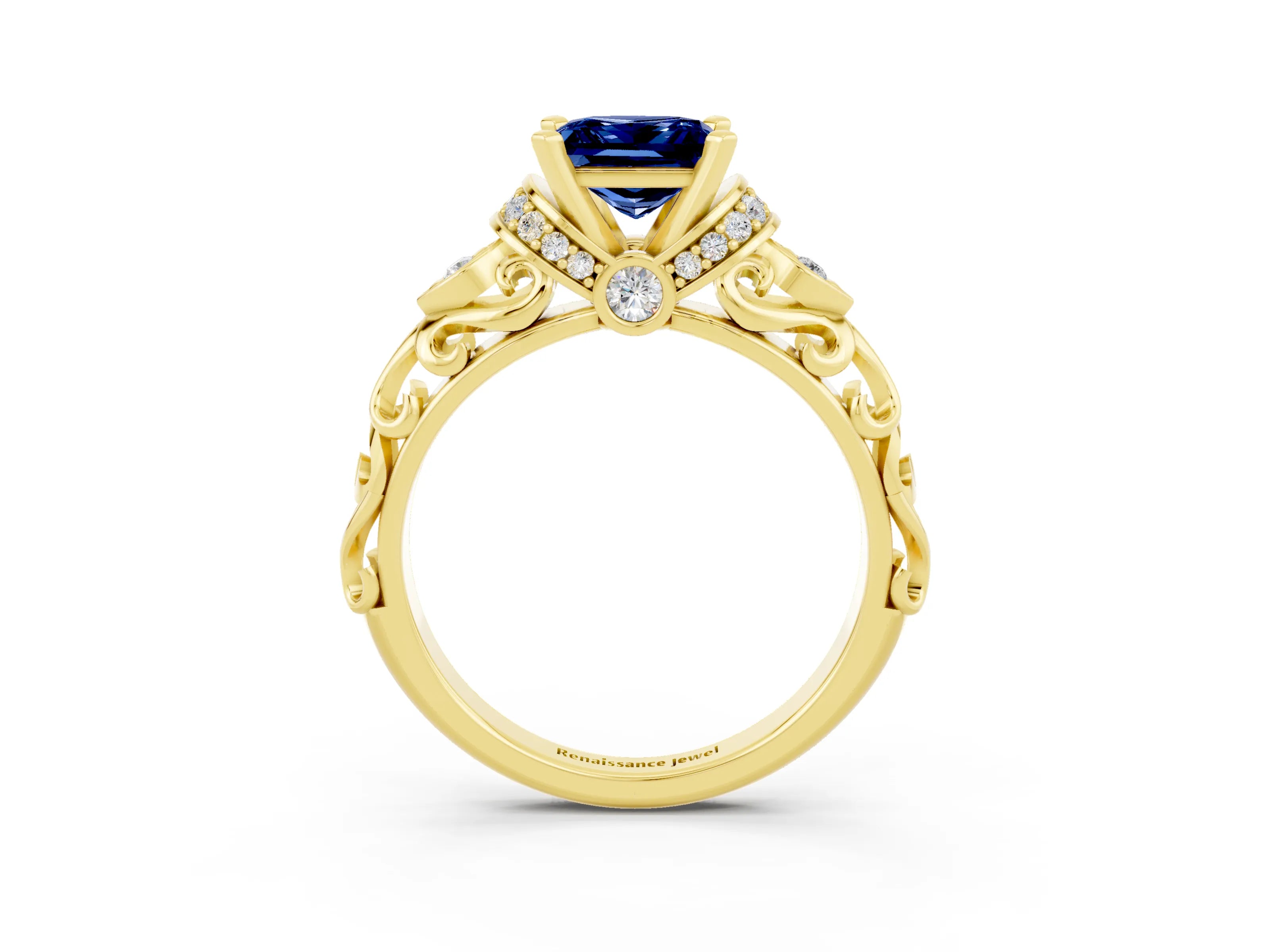 Yellow gold Princess Cut Blue Sapphire Solitaire Ring with Filigree Band and Four-Prong Setting_27