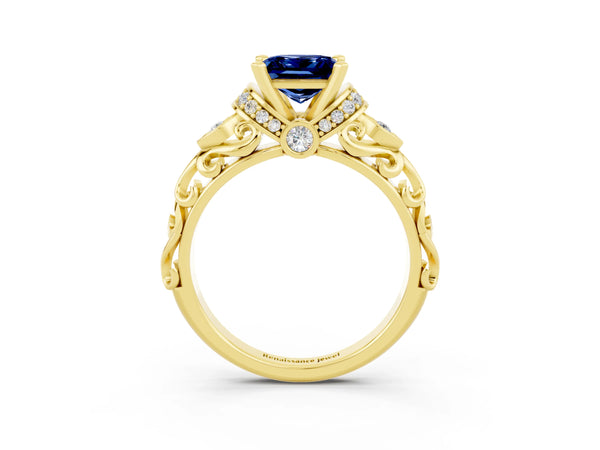 Yellow gold Princess Cut Blue Sapphire Solitaire Ring with Filigree Band and Four-Prong Setting
