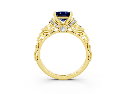 Yellow gold Princess Cut Blue Sapphire Solitaire Ring with Filigree Band and Four-Prong Setting_27
