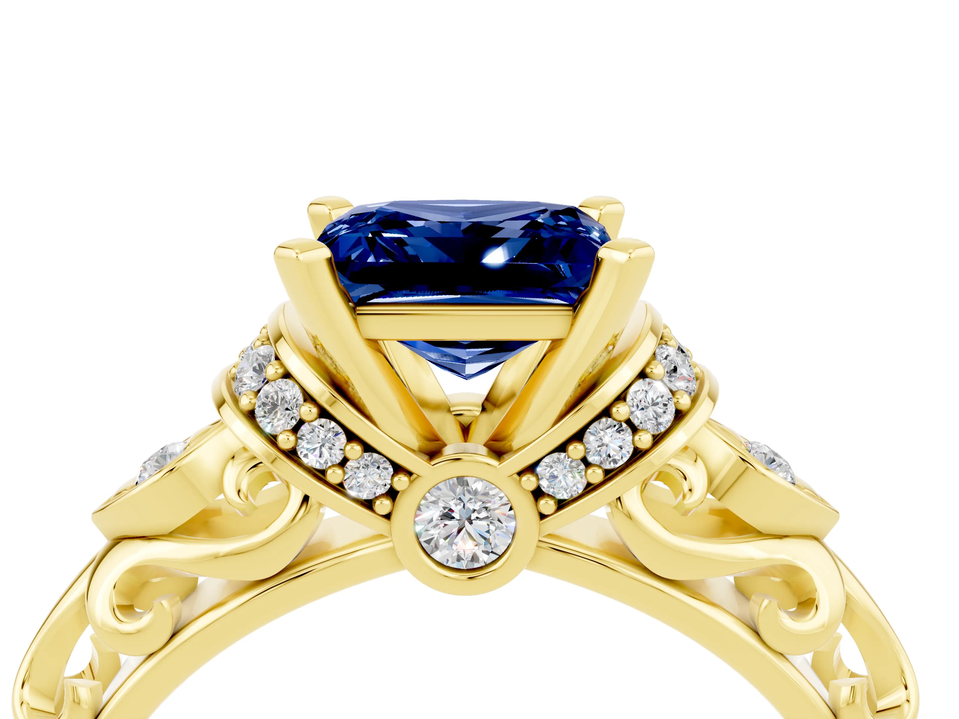 Yellow gold Princess Cut Blue Sapphire Solitaire Ring with Filigree Band and Four-Prong Setting_28