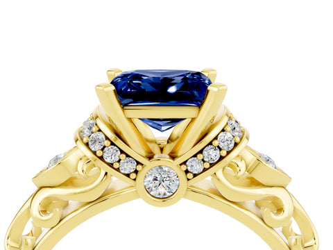 Yellow gold Princess Cut Blue Sapphire Solitaire Ring with Filigree Band and Four-Prong Setting_28