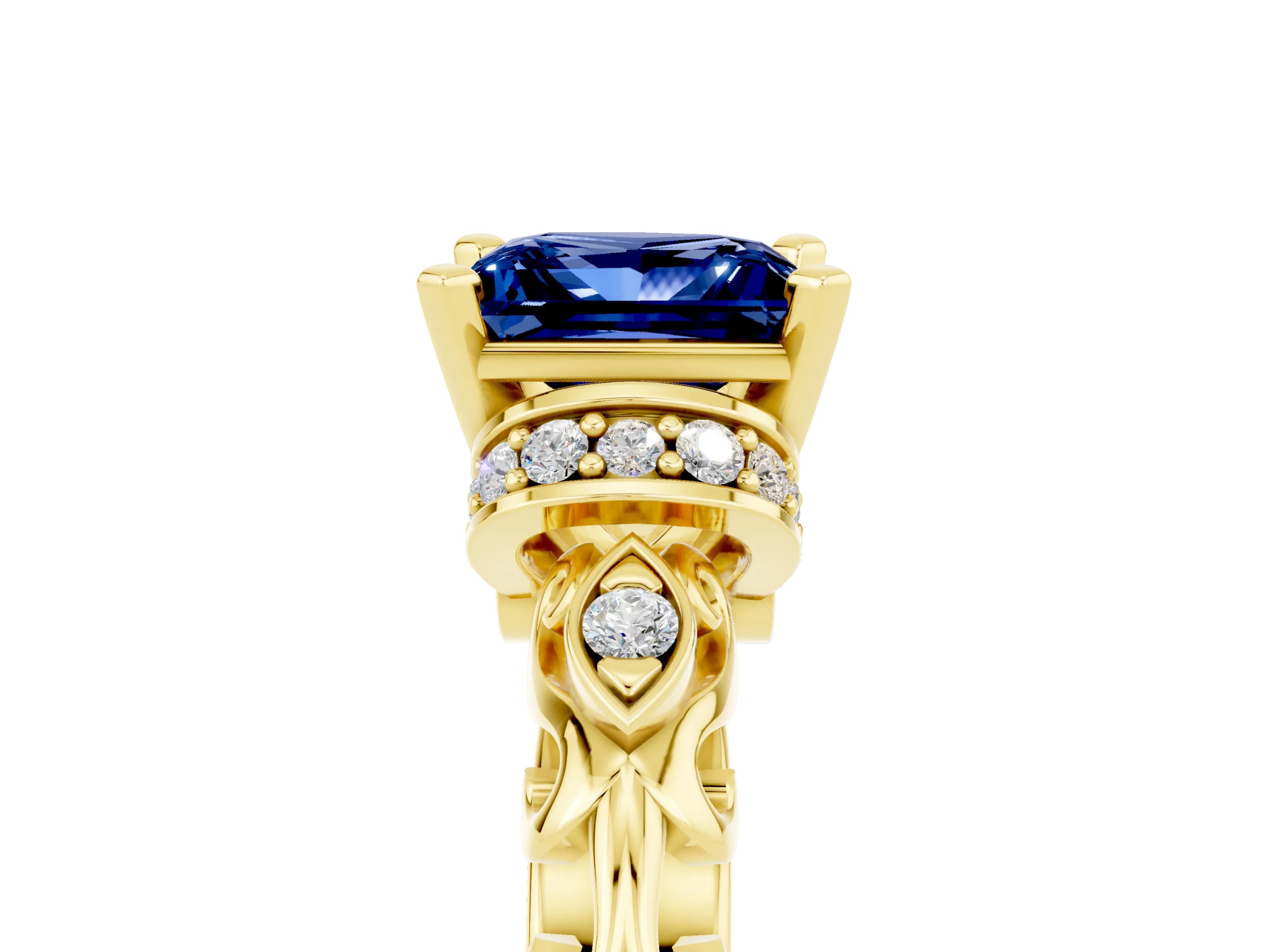 Yellow gold Princess Cut Blue Sapphire Solitaire Ring with Filigree Band and Four-Prong Setting_29