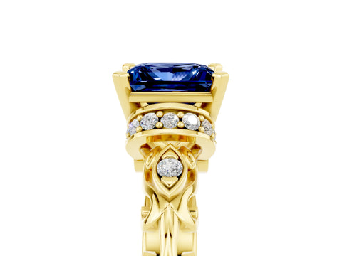 Yellow gold Princess Cut Blue Sapphire Solitaire Ring with Filigree Band and Four-Prong Setting_29