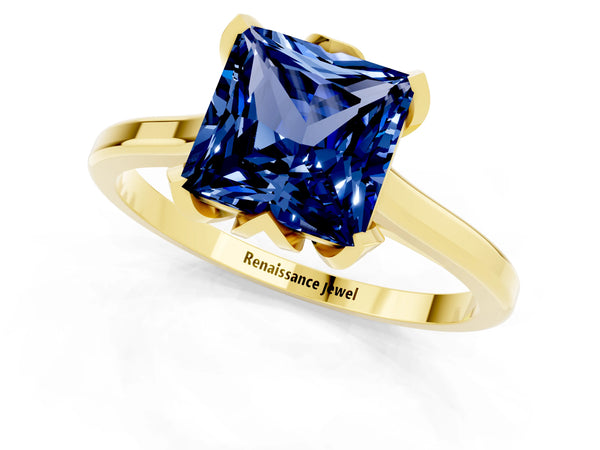 Yellow gold Princess Cut Blue Sapphire Solitaire Ring with Flower Prong Setting and Classic Band