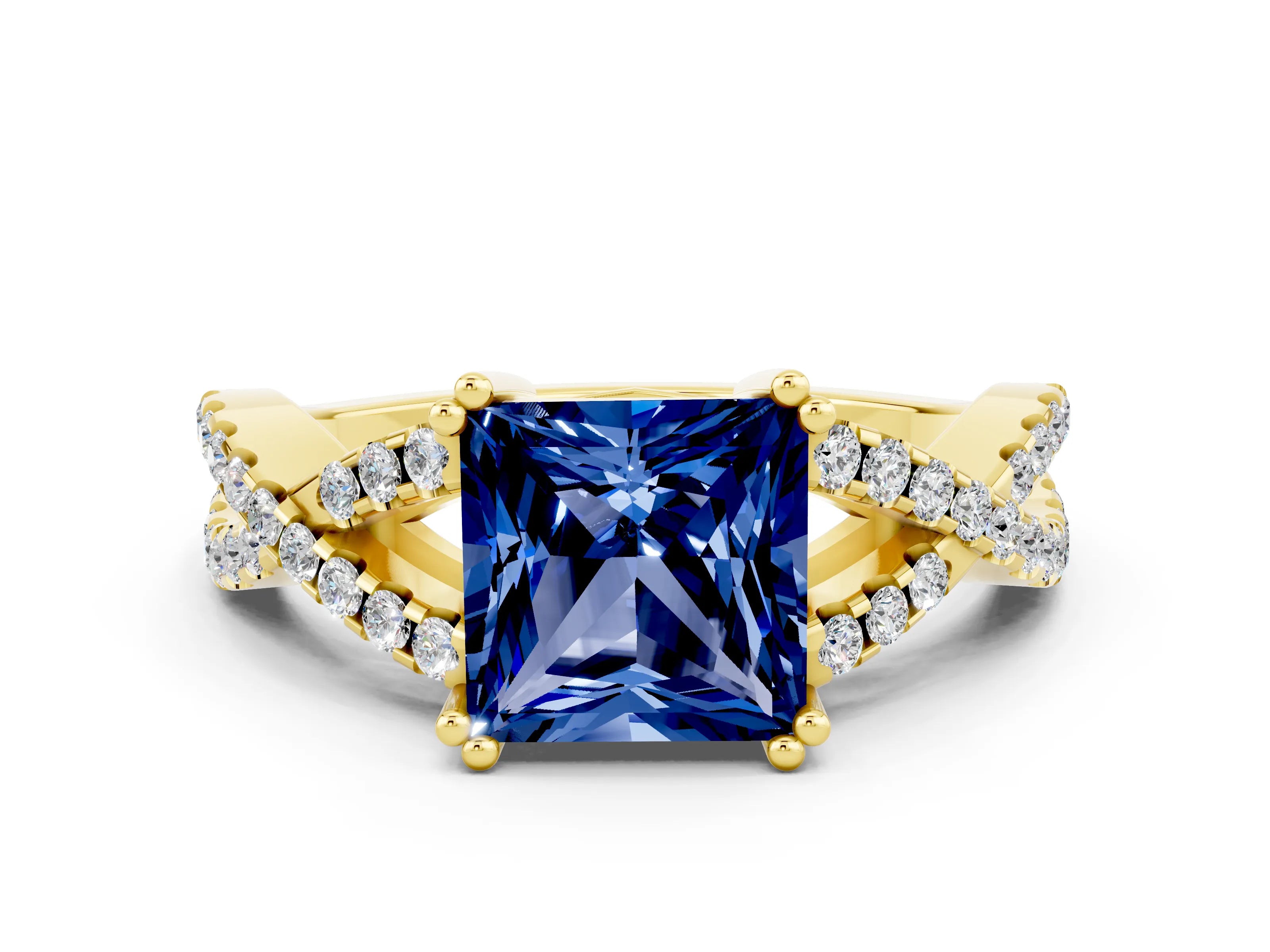 Yellow gold Princess Cut Blue Sapphire Solitaire Ring with Four-Prong Setting and Twisted Pavé Band