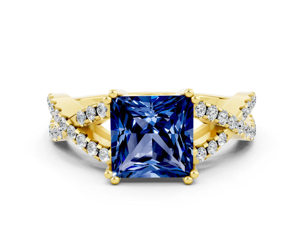Yellow gold Princess Cut Blue Sapphire Solitaire Ring with Four-Prong Setting and Twisted Pavé Band