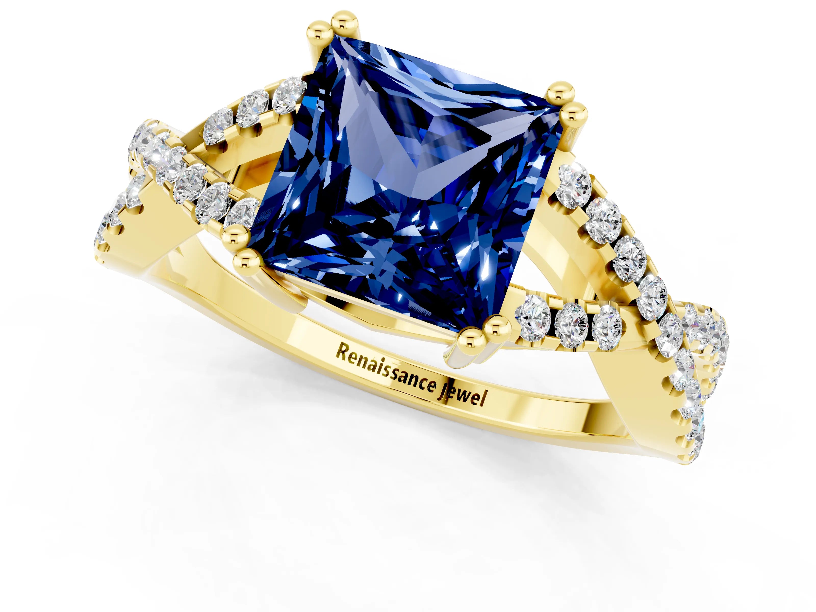 Yellow gold Princess Cut Blue Sapphire Solitaire Ring with Four-Prong Setting and Twisted Pavé Band_1