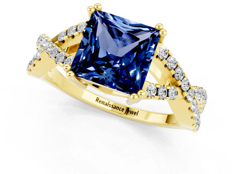 Yellow gold Princess Cut Blue Sapphire Solitaire Ring with Four-Prong Setting and Twisted Pavé Band_1