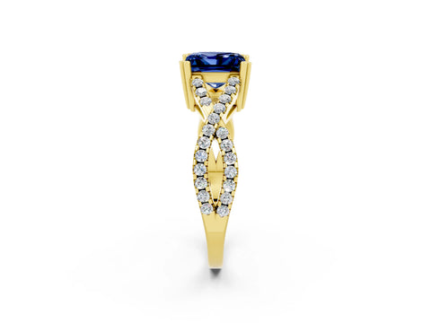 Yellow gold Princess Cut Blue Sapphire Solitaire Ring with Four-Prong Setting and Twisted Pavé Band_2