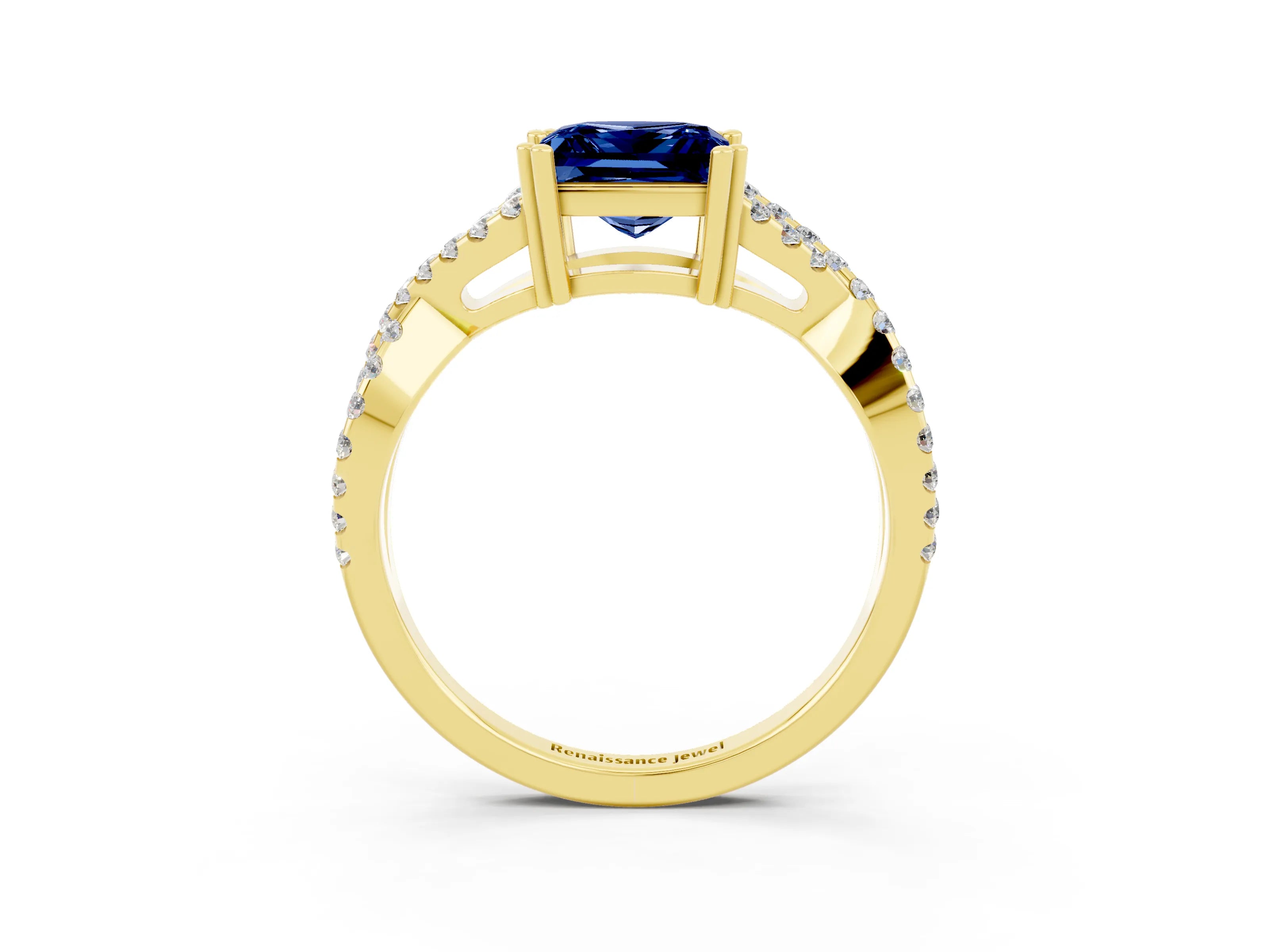 Yellow gold Princess Cut Blue Sapphire Solitaire Ring with Four-Prong Setting and Twisted Pavé Band_3