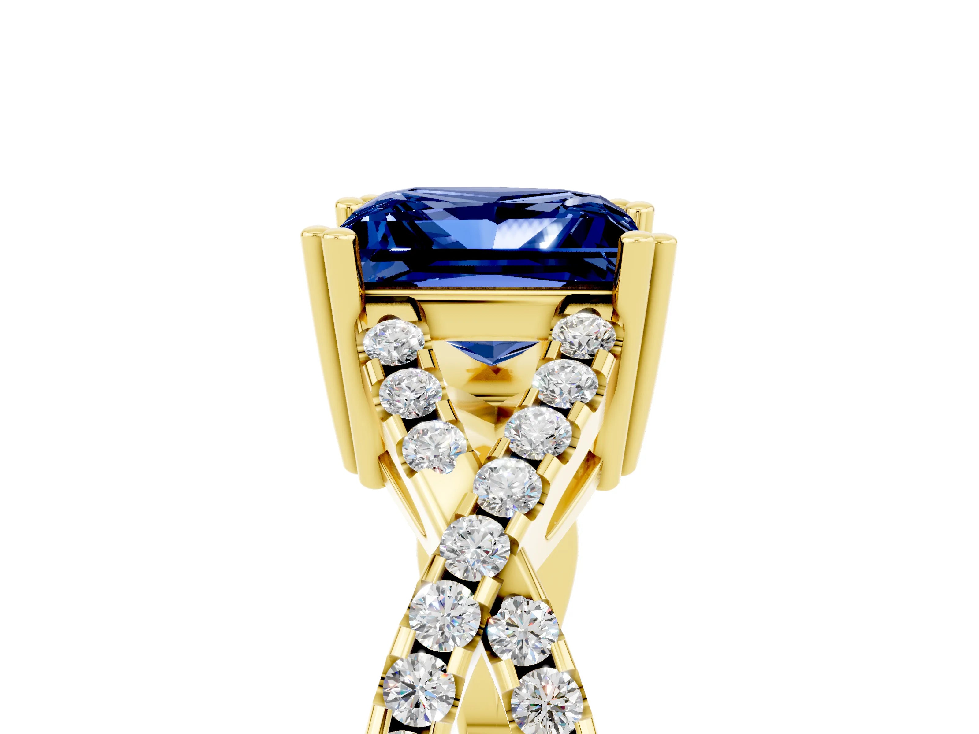 Yellow gold Princess Cut Blue Sapphire Solitaire Ring with Four-Prong Setting and Twisted Pavé Band_5