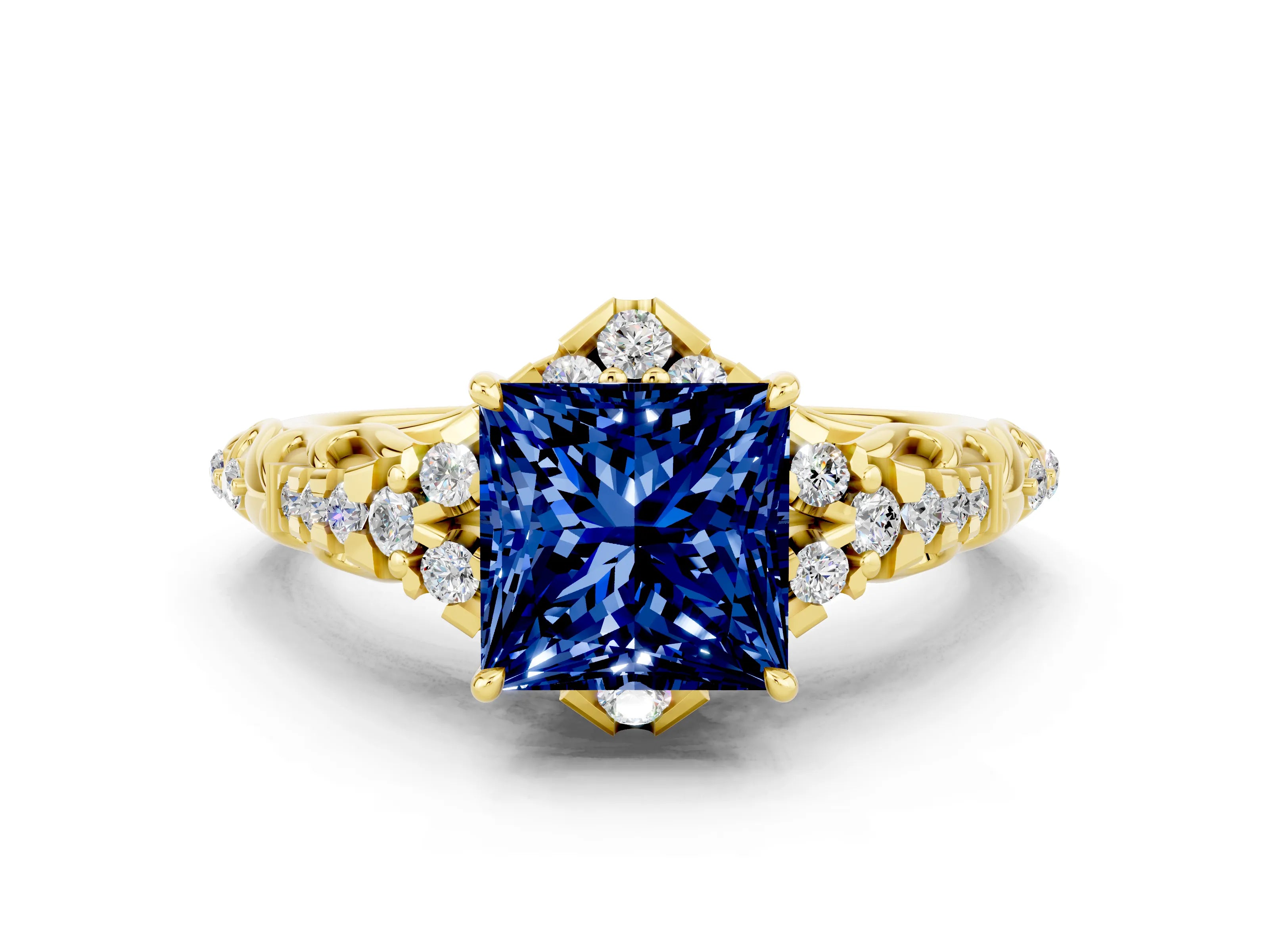 Yellow gold Princess Cut Blue Sapphire Solitaire Ring with Hidden Halo and Pavé Band_12