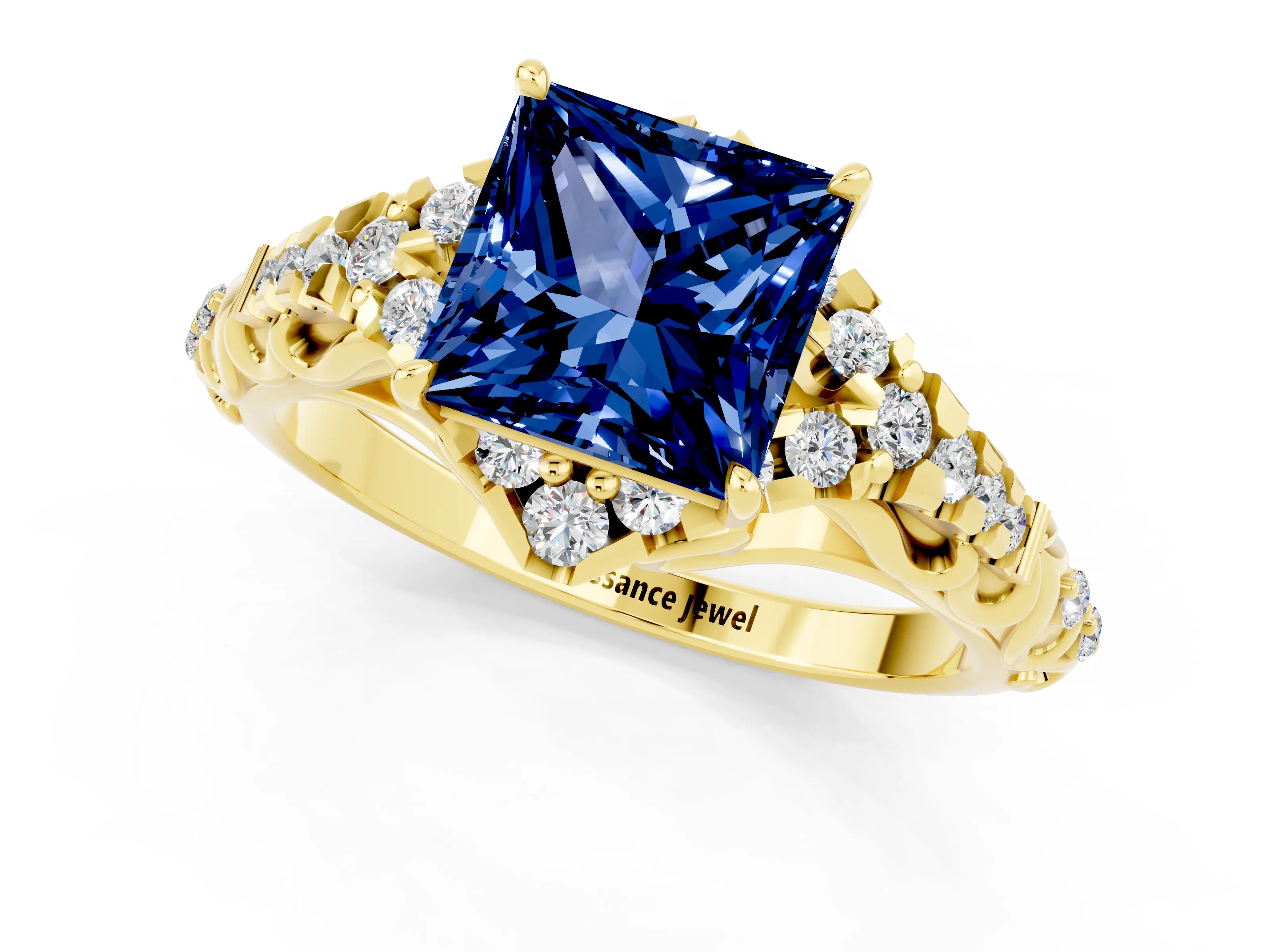 Yellow gold Princess Cut Blue Sapphire Solitaire Ring with Hidden Halo and Pavé Band_13
