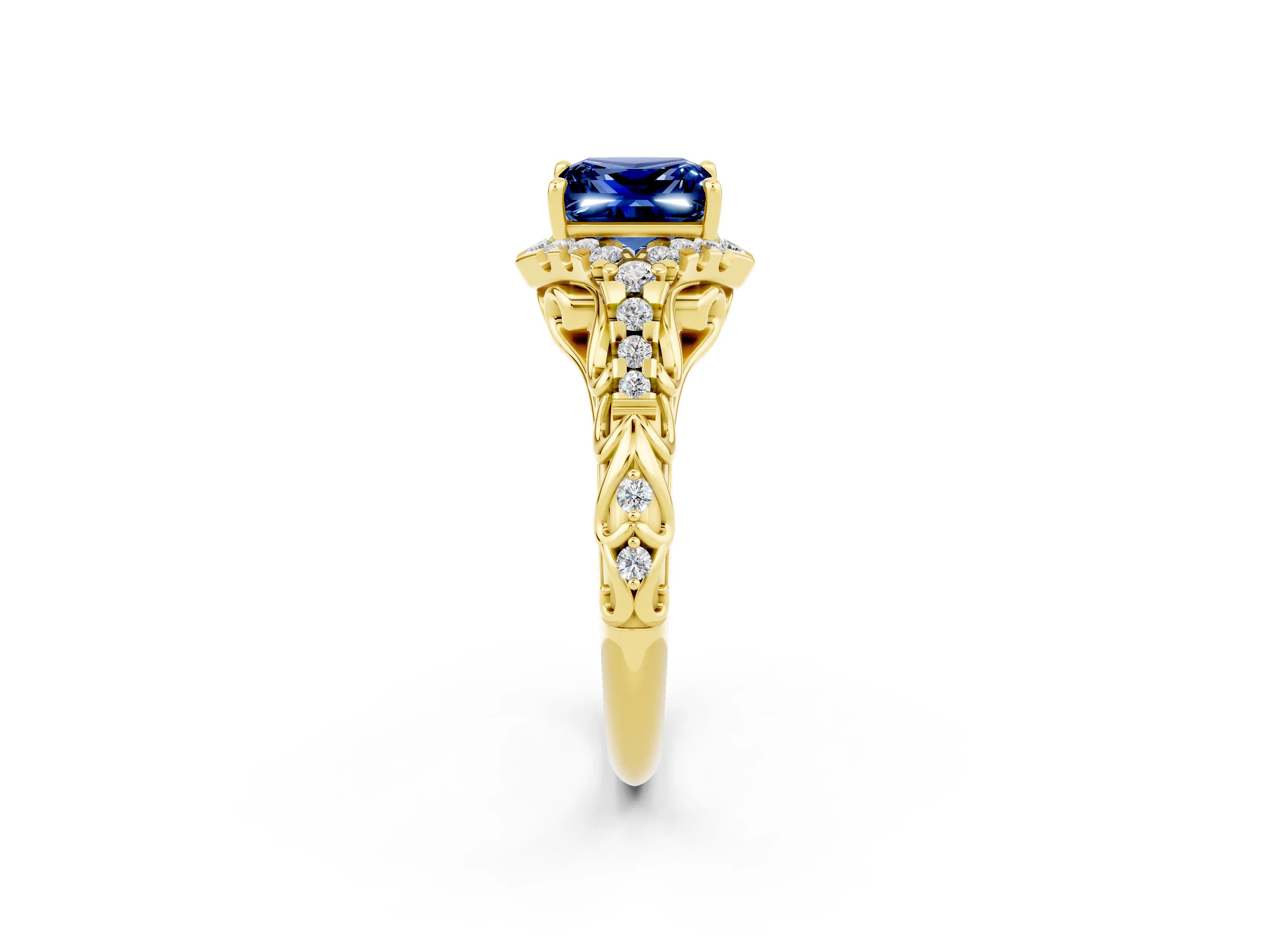 Yellow gold Princess Cut Blue Sapphire Solitaire Ring with Hidden Halo and Pavé Band_14