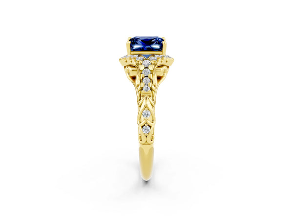 Yellow gold Princess Cut Blue Sapphire Solitaire Ring with Hidden Halo and Pavé Band
