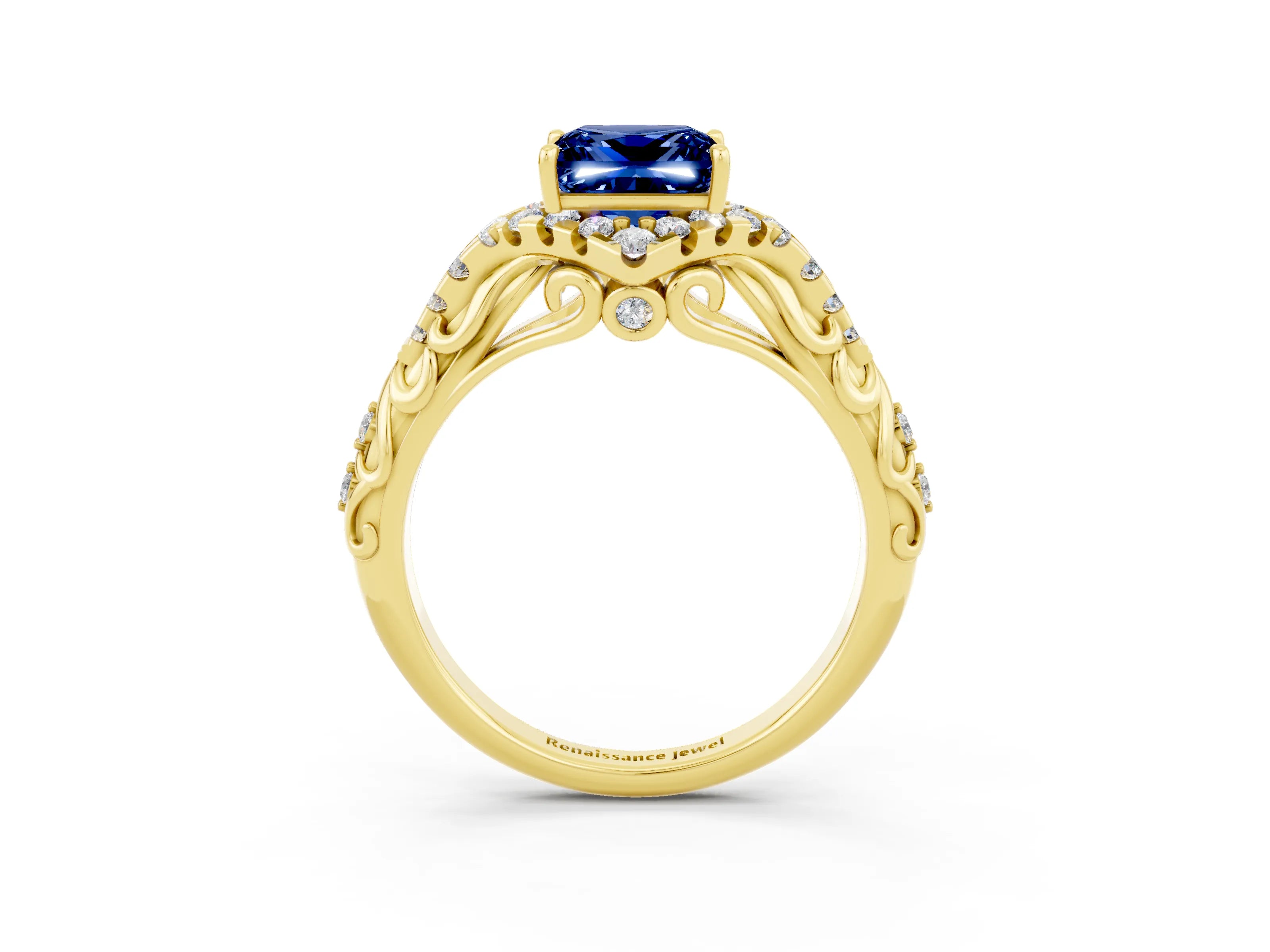 Yellow gold Princess Cut Blue Sapphire Solitaire Ring with Hidden Halo and Pavé Band_15