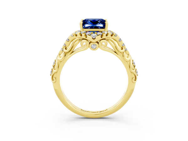 Yellow gold Princess Cut Blue Sapphire Solitaire Ring with Hidden Halo and Pavé Band
