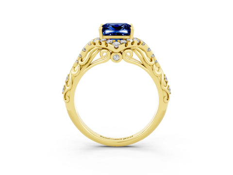 Yellow gold Princess Cut Blue Sapphire Solitaire Ring with Hidden Halo and Pavé Band_15