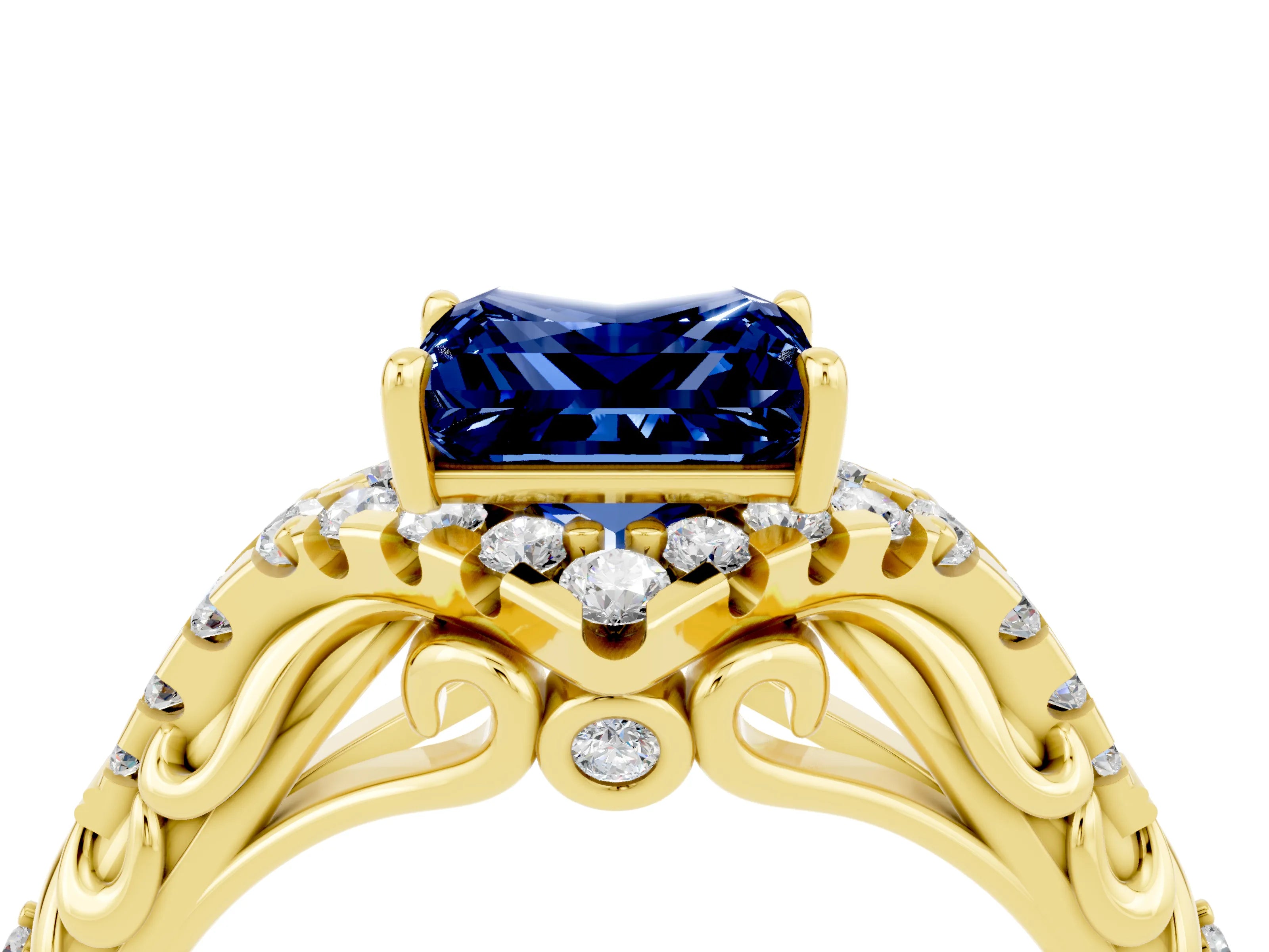Yellow gold Princess Cut Blue Sapphire Solitaire Ring with Hidden Halo and Pavé Band_16