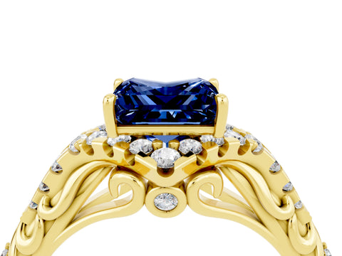 Yellow gold Princess Cut Blue Sapphire Solitaire Ring with Hidden Halo and Pavé Band_16