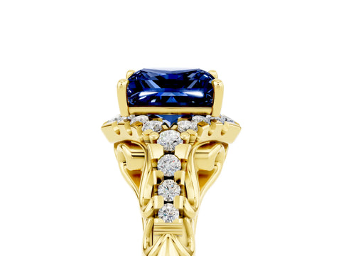 Yellow gold Princess Cut Blue Sapphire Solitaire Ring with Hidden Halo and Pavé Band_17