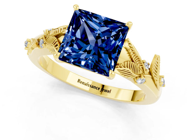 Yellow gold Princess Cut Blue Sapphire Solitaire Ring with Leaf Motif Band and Four-Prong Setting